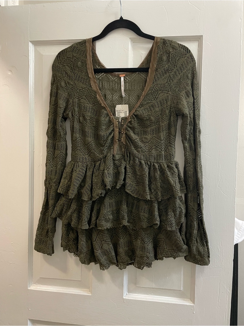 Free People Olive Green Lace-Up Ruffle Tunic